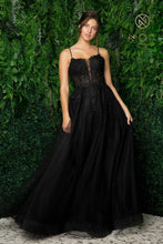 N T449 - Shimmer Tulle A-Line Prom Gown with Beaded Floral Applique Sheer Bodice & Lace Up Back PROM GOWN Nox 2 BLACK 