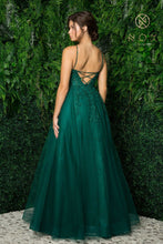 N T449 - Shimmer Tulle A-Line Prom Gown with Beaded Floral Applique Sheer Bodice & Lace Up Back PROM GOWN Nox 2 EMERALD 
