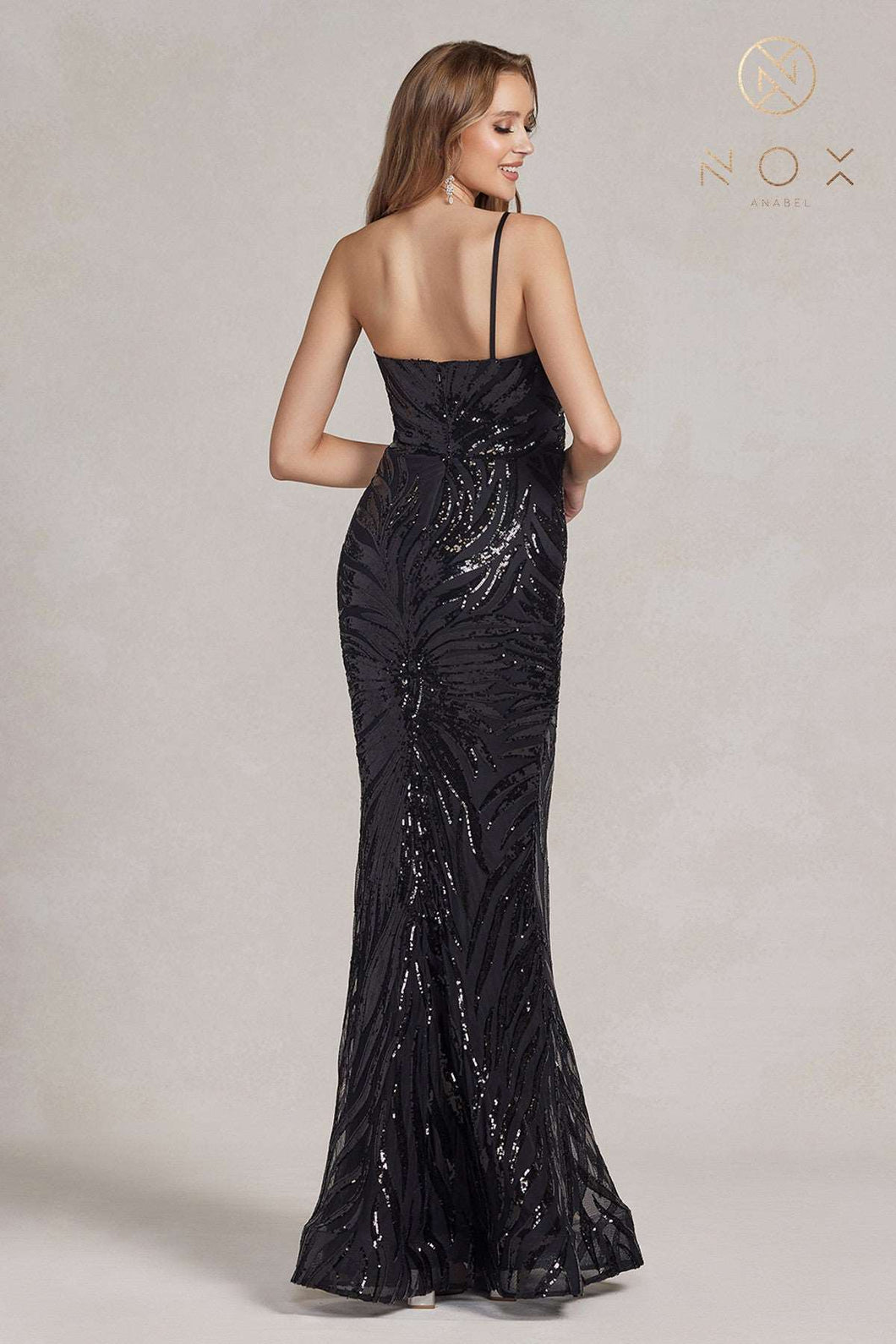 N R1204 - Fit & Flare One Shoulder Prom Gown with Full Sequin Design PROM GOWN Nox 00 BLACK 