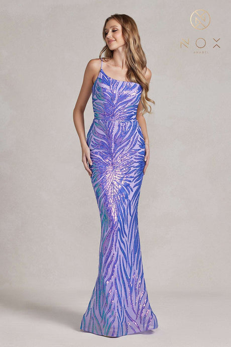 N R1204 - Fit & Flare One Shoulder Prom Gown with Full Sequin Design PROM GOWN Nox 00 LILAC 