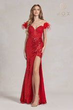 N S1229 - Fit & Flare Sequined Lace Up Prom Gown with Feathered Off Shoulder Sleeves & Leg Slit PROM GOWN Nox   