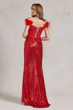 N S1229 - Fit & Flare Sequined Lace Up Prom Gown with Feathered Off Shoulder Sleeves & Leg Slit PROM GOWN Nox 00 RED 