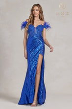 N S1229 - Fit & Flare Sequined Lace Up Prom Gown with Feathered Off Shoulder Sleeves & Leg Slit PROM GOWN Nox 00 ROYAL BLUE 
