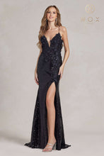 N R1207 - Full Sequin Fit & Flare Prom Gown 3D Floral applique Bodice Open Corset Back & Leg Slit PROM GOWN Nox 00 BLACK 