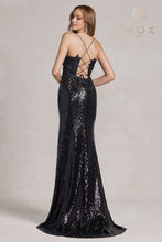 N R1207 - Full Sequin Fit & Flare Prom Gown 3D Floral applique Bodice Open Corset Back & Leg Slit PROM GOWN Nox   