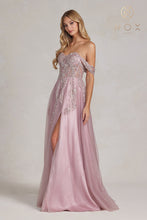N E1128 - A-Line Floral Applique Boned Bodice Prom Gown with Off Shoulder Straps & Leg Slit PROM GOWN Nox 8 ROSE 