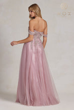 N E1128 - A-Line Floral Applique Boned Bodice Prom Gown with Off Shoulder Straps & Leg Slit PROM GOWN Nox 6 ROSE 