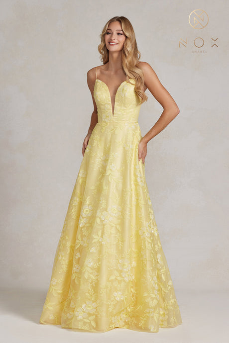 N E1175 - A-Line Floral Prom Gown with Plunging Neckline & Spaghetti Straps PROM GOWN Nox 00 YELLOW 