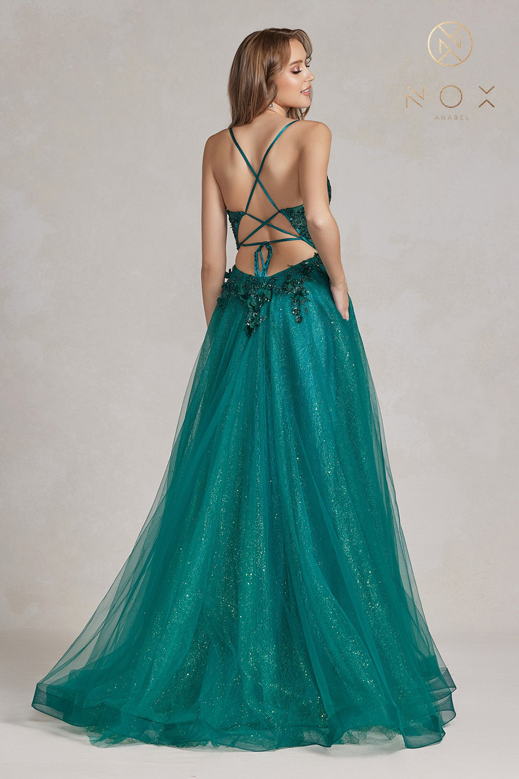 N C1113 - Shimmer Tulle A-Line Prom Gown with Sheer Glitter 3D Floral Bodice Lace Up Corset Back Leg Slit & Pockets PROM GOWN Nox 00 EMERALD 