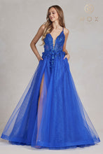 N C1113 - Shimmer Tulle A-Line Prom Gown with Sheer Glitter 3D Floral Bodice Lace Up Corset Back Leg Slit & Pockets PROM GOWN Nox 00 ROYAL BLUE 