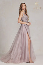 N G1149 - A-Line Plunging Neckline Lace Up Back Prom Gown with Floral Applique & Leg Slit PROM GOWN Nox 00 MAUVE 