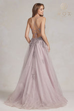 N G1149 - Layered Tulle A-Line Prom Gown with Floral Appliqued Bodice Leg Slit & Open Lace Up Back PROM GOWN Nox