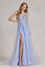 N G1149 - A-Line Plunging Neckline Lace Up Back Prom Gown with Floral Applique & Leg Slit PROM GOWN Nox 00 PERIWINKLE 