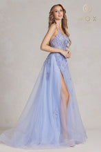 N G1149 - Layered Tulle A-Line Prom Gown with Floral Appliqued Bodice Leg Slit & Open Lace Up Back PROM GOWN Nox 00 PERIWINKLE