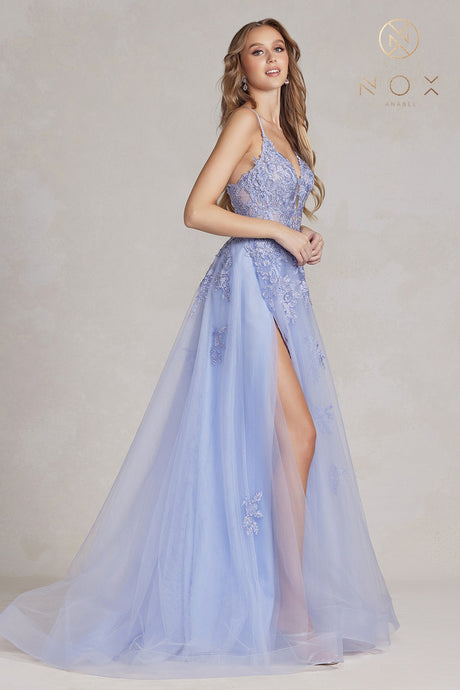 N G1149 - Layered Tulle A-Line Prom Gown with Floral Appliqued Bodice Leg Slit & Open Lace Up Back PROM GOWN Nox 00 PERIWINKLE