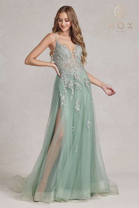 N G1149 - A-Line Plunging Neckline Lace Up Back Prom Gown with Floral Applique & Leg Slit PROM GOWN Nox   