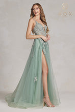 N G1149 - Layered Tulle A-Line Prom Gown with Floral Appliqued Bodice Leg Slit & Open Lace Up Back PROM GOWN Nox 00 SAGE GREEN