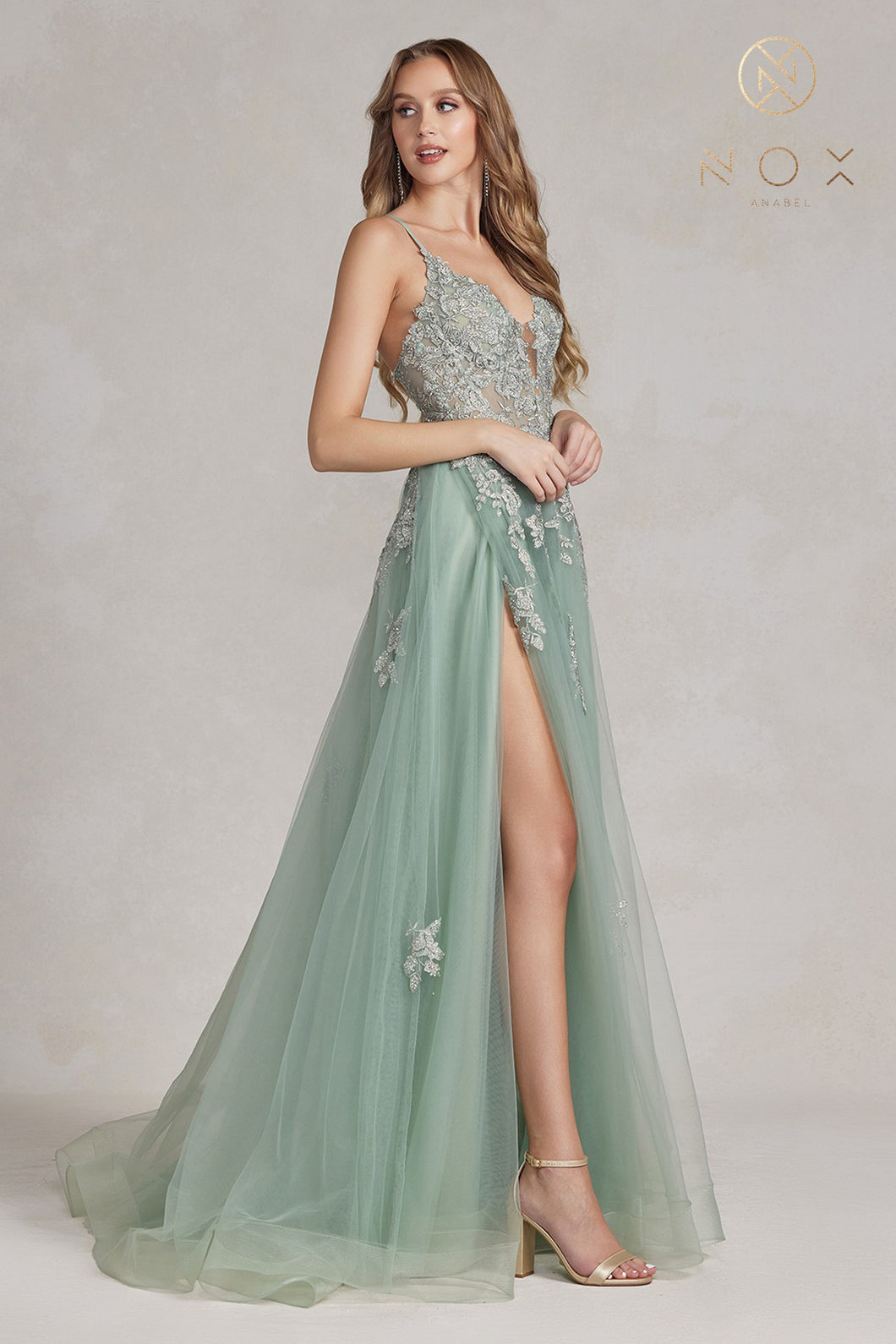 N G1149 - Layered Tulle A-Line Prom Gown with Floral Appliqued Bodice Leg Slit & Open Lace Up Back PROM GOWN Nox 00 SAGE GREEN