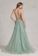 N G1149 - A-Line Plunging Neckline Lace Up Back Prom Gown with Floral Applique & Leg Slit PROM GOWN Nox 00 SAGE GREEN 
