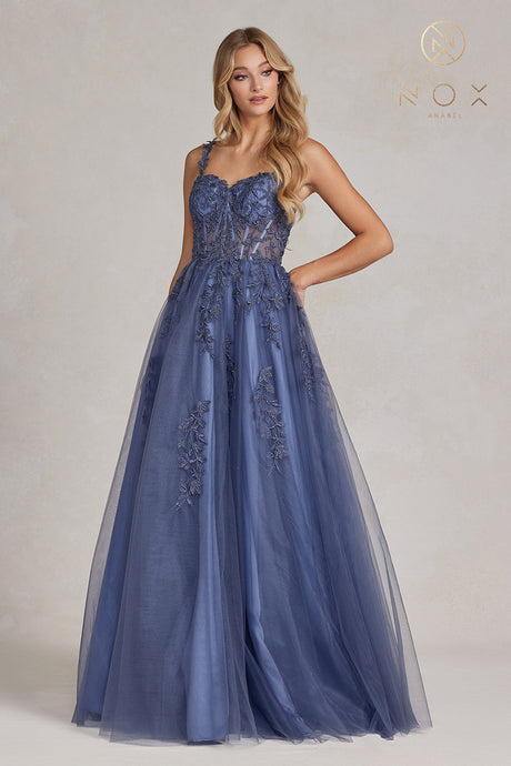 N T1082 - A-Line Boned Bodice Tulle Skirt Prom Gown with Sparkling Floral Applique PROM GOWN Nox   