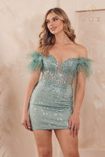 N L789 - Short Fitted Feather Adorned Homecoming Dress with Sheer V-Neck Bodice & Lace Up Corset Back Homecoming Nox   