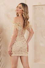 N L789 - Short Fitted Feather Adorned Homecoming Dress with Sheer V-Neck Bodice & Lace Up Corset Back Homecoming Nox   