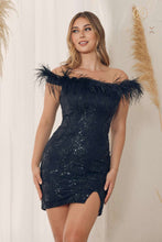 N T790 - Short Feathered Sequin Detailed Off The Shoulder Homecoming Dress With Leg Slit Homecoming Nox 00 BLACK 