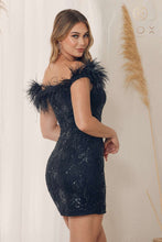 N T790 - Short Feathered Sequin Detailed Off The Shoulder Homecoming Dress With Leg Slit Homecoming Nox   