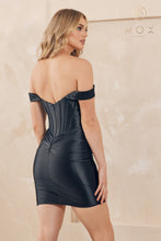 N R804 - Short Off The Shoulder Homecoming Dress with Beaded Corset Bodice  Ruched Back & Leg Slit Homecoming Nox   