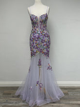 N D1356 - Floral Patterned Sequin Fit & Flare Prom Gown with Sheer Boned Bodice & Open Lace Up Corset Back PROM GOWN Nox 0 LAVENDER 