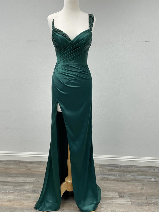 N F1381 - One Strap Beaded Accented Prom Gown With Leg Slit & Lace Up Corset Back PROM GOWN Nox 4 EMERALD 