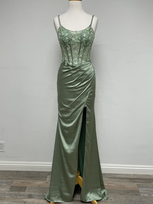 N A1372 - Sheer Floral & Sequin Embellished Bodice Fit & Flare Prom Gown With Lace Up Corset Back & Leg Slit PROM GOWN Nox 00 SAGE GREEN 