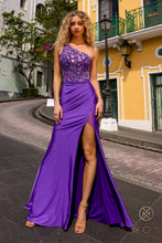 N A1317 - One Shoulder Strappy Back Fit & Flare Prom Gown With 3D Floral Sequin Embellished On To A Sheer Boned Bodice With Ruched Waist & Leg Slit PROM GOWN Nox 0 PURPLE 