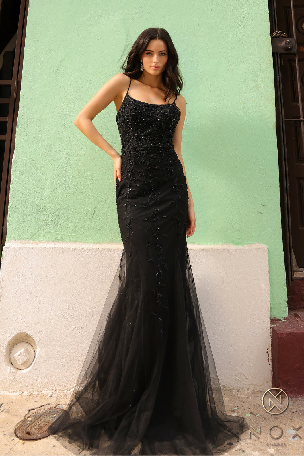 N A1376 - Sequin Embroidered Fit & Flare Prom Gown With Lace Up Corset Back PROM GOWN Nox 00 BLACK 