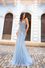 N A1376 - Sequin Embroidered Fit & Flare Prom Gown With Lace Up Corset Back PROM GOWN Nox 00 DUSTY BLUE 