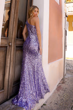 N A1377 - Full Sequin Fit & Flare Prom Gown with One Shoulder Strap Adorned with Fringe Beading & Leg Slit PROM GOWN Nox   