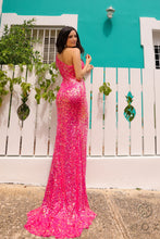 N A1377 - Full Sequin Fit & Flare Prom Gown with One Shoulder Strap Adorned with Fringe Beading & Leg Slit PROM GOWN Nox   