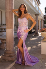 N C1346 - Strapless Fit & Flare Prom Gown with Sheer Sequin Lace Embellished Boned Bodice & Leg Slit PROM GOWN Nox 0 LILAC 