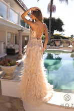 N C1413 - Sequin Embellished Fit & Flare Prom Gown With Feather Accents & Lace Up Corset Back PROM GOWN Nox   