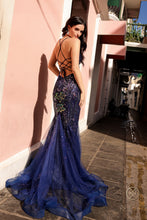 N C1416 - Iridescent Sequin Patterned Fit & Flare Prom Gown With Open Lace Up Corset Back PROM GOWN Nox 0 NAVY BLUE 