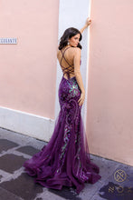 N C1416 - Iridescent Sequin Patterned Fit & Flare Prom Gown With Open Lace Up Corset Back PROM GOWN Nox 0 PURPLE 