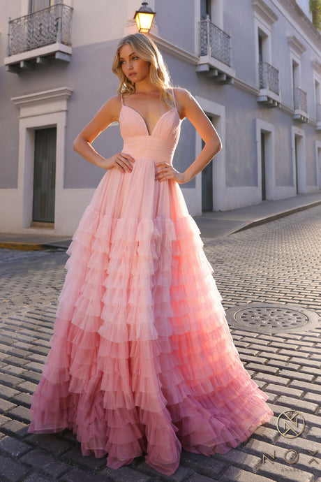 N C1420 - Ombre A-Line Prom Gown with Open Lace Up Corset Back & Layered Ruffled Tulle Skirt