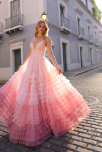 N C1420 - Ombre A-Line Prom Gown with Open Lace Up Corset Back & Layered Ruffled Tulle Skirt PROM GOWN Nox 00 BLUSH OMBRE 