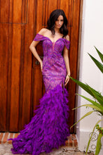 N C1461 - Off the Shoulder Fit & Flare Prom Gown with Deep Illusion V-Neck & Feather Adorned Skirt PROM GOWN Nox 0 NUDE/PURPLE 