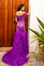 N C1461 - Off the Shoulder Fit & Flare Prom Gown with Deep Illusion V-Neck & Feather Adorned Skirt PROM GOWN Nox   