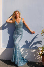 N E1273 - Glitter Detailed Fit & Flare Prom Gown With Sheer Bodice & Open Strappy Back PROM GOWN Nox 2 DUSTY BLUE 