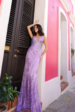 N E1273 - Glitter Detailed Fit & Flare Prom Gown With Sheer Bodice & Open Strappy Back PROM GOWN Nox 2 LAVENDER 