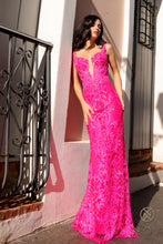 N E1274 - Sequin Patterned Fit & Flare Prom Gown With Plunging V-Neck & Open Back PROM GOWN Nox 00 HOT PINK 