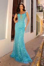 N E1274 - Sequin Patterned Fit & Flare Prom Gown With Plunging V-Neck & Open Back PROM GOWN Nox 00 TURQUOISE 