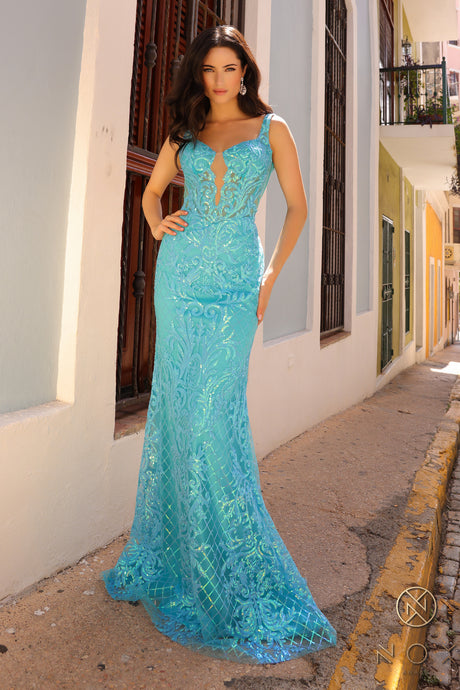 N E1274 - Fit & Flare Full Sequin Detailed Prom Gown With Plunging V-Neckline & Open Back PROM GOWN Nox 0 TURQUOISE 